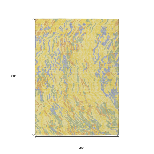 3' X 5' Yellow Purple And Green Abstract Washable Indoor Outdoor Area Rug