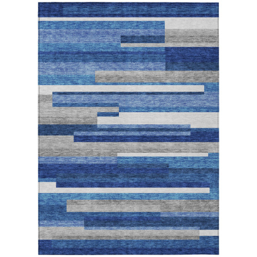 5' X 8' Navy Blue And Denim Blue Striped Washable Indoor Outdoor Area Rug