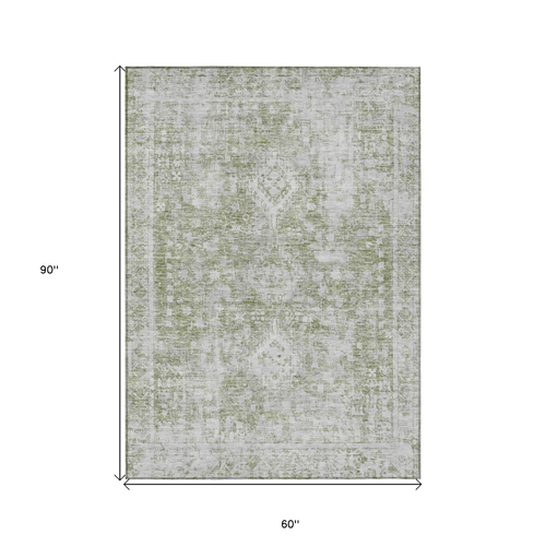 5' X 8' Artichoke Green Oriental Washable Indoor Outdoor Area Rug