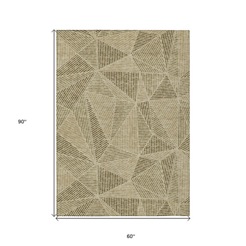 5' X 8' Khaki Brown And Beige Geometric Washable Indoor Outdoor Area Rug