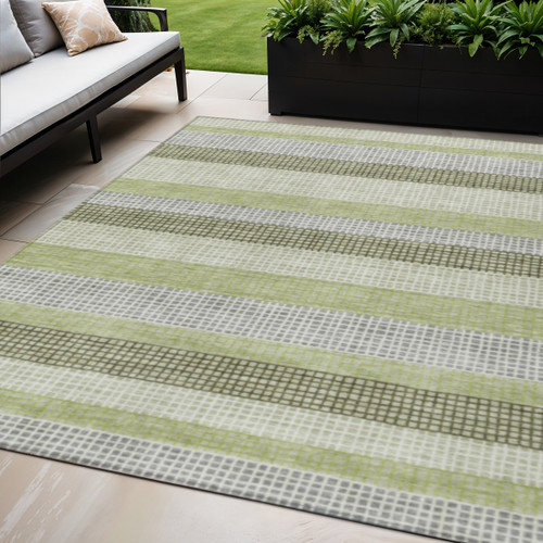 5' X 8' Artichoke Green And Ivory Striped Washable Indoor Outdoor Area Rug - Artichoke Green, Ivory