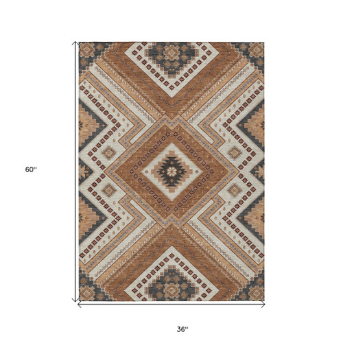 3' X 5' Copper Brown And Beige Tribal Washable Indoor Outdoor Area Rug