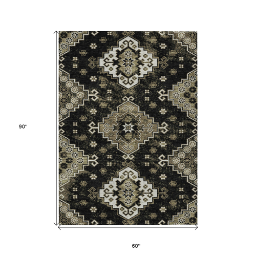 5' X 8' Black Ivory And Taupe Medallion Washable Indoor Outdoor Area Rug