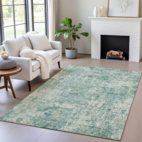 5' X 8' Teal Blue And Beige Abstract Washable Indoor Outdoor Area Rug