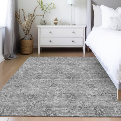 3' X 5' Pewter And Gray Floral Washable Indoor Outdoor Area Rug