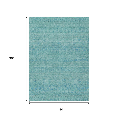 5' X 8' Aqua And Teal Blue Striped Washable Indoor Outdoor Area Rug