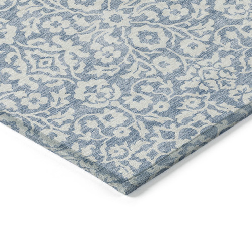 5' X 8' Denim Blue And Ivory Damask Washable Indoor Outdoor Area Rug