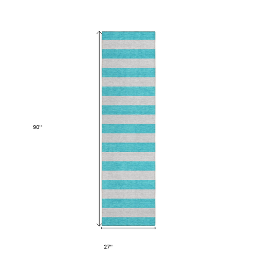 8' Runner Turquoise Striped Washable Non Skid Indoor Outdoor Runner Rug