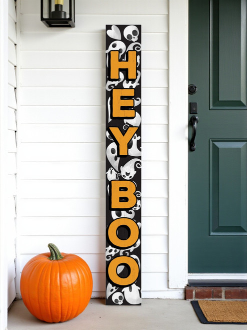 72" Black Orange And White Solid Wood Hey Boo Halloween Ghost Porch Sign