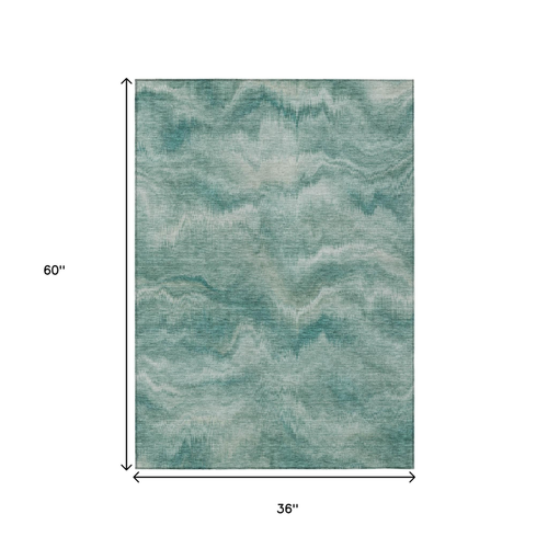 3' X 5' Teal Blue And Ivory Abstract Washable Indoor Outdoor Area Rug