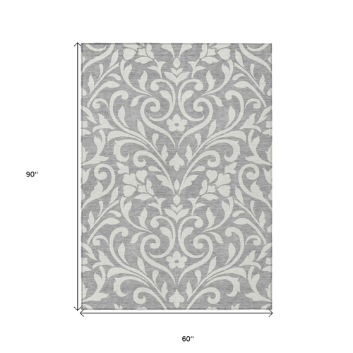 5' X 8' Gray And Ivory Floral Washable Indoor Outdoor Area Rug