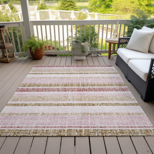 3' X 5' Pink And Beige Striped Washable Indoor Outdoor Area Rug