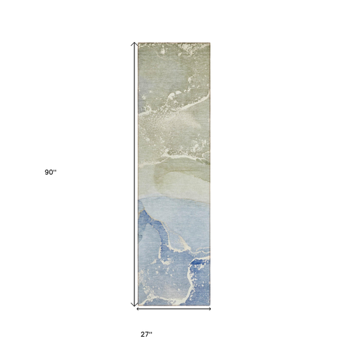 2' X 8' Blue and Green Abstract Washable Indoor Outdoor Runner Rug