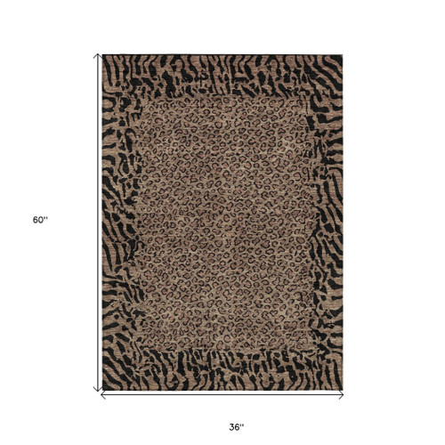 3' X 5' Brown Animal Print Washable Indoor Outdoor Area Rug