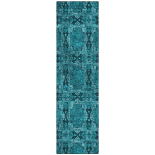 8' Runner Teal Floral Medallion Washable Non Skid Indoor Outdoor Runner Rug