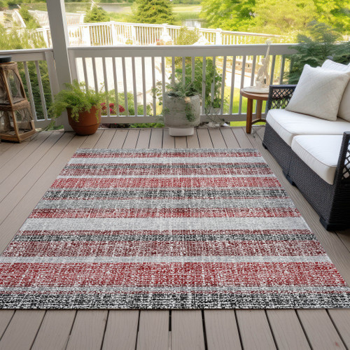 5' X 8' Burgundy And Silver Striped Washable Indoor Outdoor Area Rug
