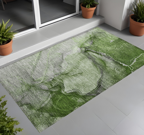 3' X 5' Olive Green Abstract Washable Non Skid Indoor Outdoor Area Rug