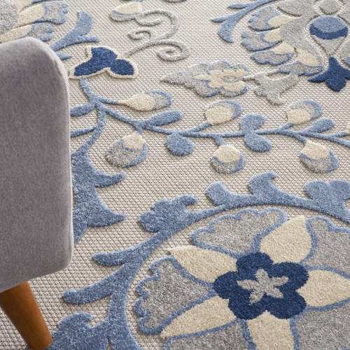 7' X 10' Blue Gray And Navy Blue Floral Indoor Outdoor Area Rug