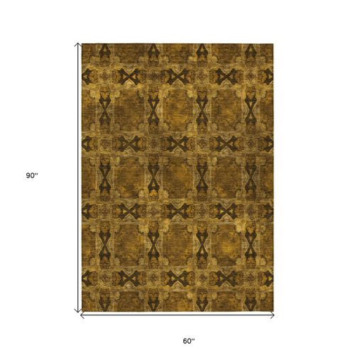 5' X 8' Chocolate Floral Medallion Washable Non Skid Indoor Outdoor Area Rug