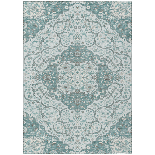 3' X 5' Teal Blue And Ivory Medallion Washable Indoor Outdoor Area Rug