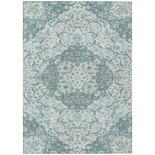 3' X 5' Teal Blue And Ivory Medallion Washable Indoor Outdoor Area Rug