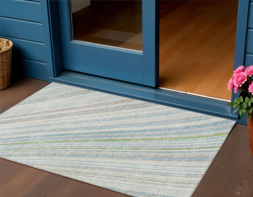 3' X 5' Ivory Blue And Green Striped Washable Indoor Outdoor Area Rug