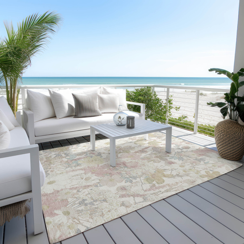 5' X 8' Ivory Beige And Linen Floral Washable Indoor Outdoor Area Rug