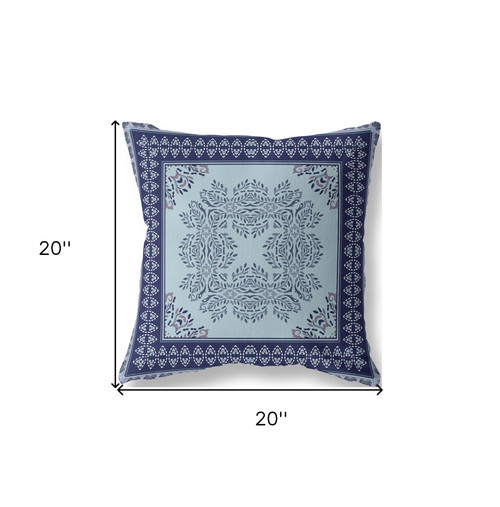 20" White Dark Blue and Light Blue Damask Indoor Outdoor Throw Pillow