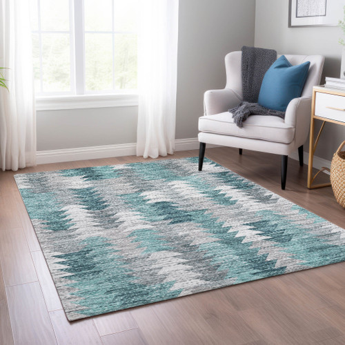 3' X 5' Dark Blue Aqua And Gray Geometric Washable Indoor Outdoor Area Rug