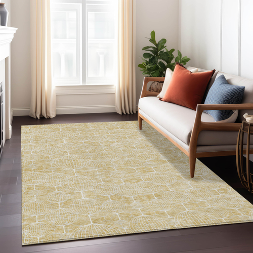 5' X 8' Gold Ivory And Beige Geometric Washable Indoor Outdoor Area Rug