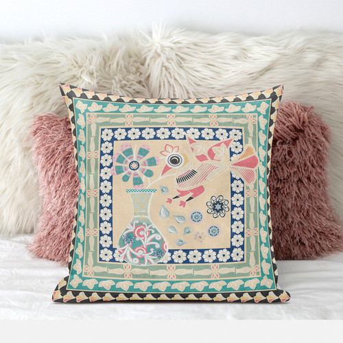26" x 26" Beige Peacock Blown Seam Floral Indoor Outdoor Throw Pillow Home Accent