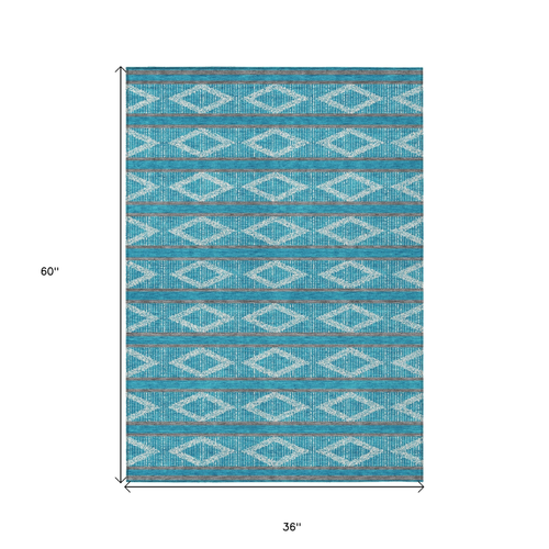 3' X 5' Teal Blue Gray And Ivory Geometric Washable Indoor Outdoor Area Rug