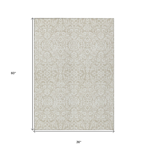 3' X 5' Beige And Ivory Damask Washable Indoor Outdoor Area Rug