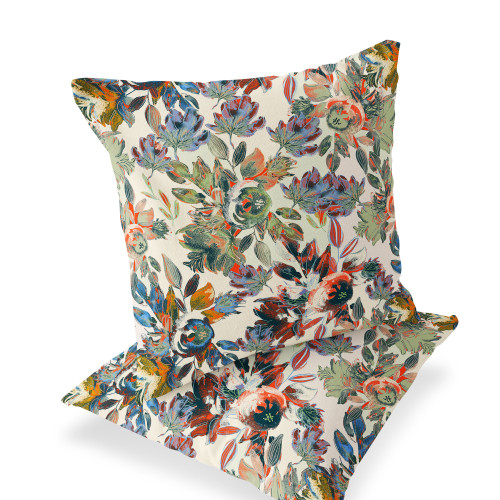Set of Two 16" X 16" Beige and Green Blown Seam Floral Indoor Outdoor Throw Pillow Polyester
