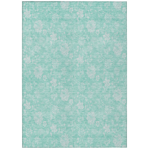 3' X 5' Aqua And Ivory Floral Washable Indoor Outdoor Area Rug