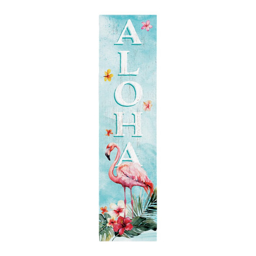 36" Blue And White Solid Wood Tropical Flamingo Aloha Porch Sign