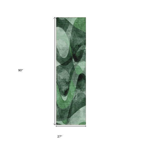 8' Runner Fern Green Abstract Washable Non Skid Indoor Outdoor Runner Rug