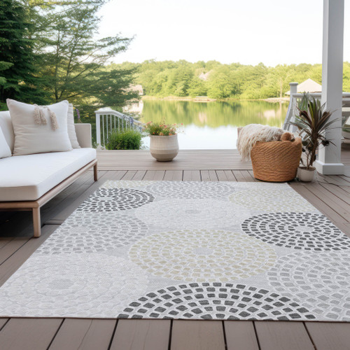 5' X 8' Gray And Taupe Geometric Washable Indoor Outdoor Area Rug