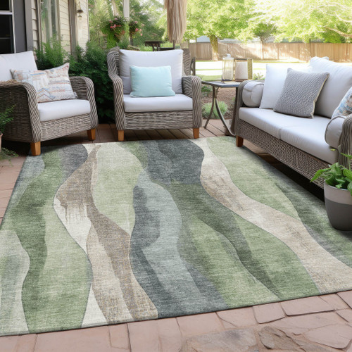 3' X 5' Fern Green And Gray Abstract Washable Indoor Outdoor Area Rug - Fern Green, Gray
