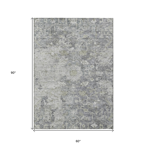 5' X 8' Gray Beige And Charcoal Oriental Washable Indoor Outdoor Area Rug
