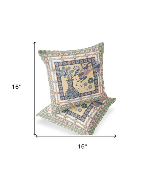 Set of Two 16" X 16" Beige and Pink Peacock Blown Seam Floral Indoor Outdoor Throw Pillows