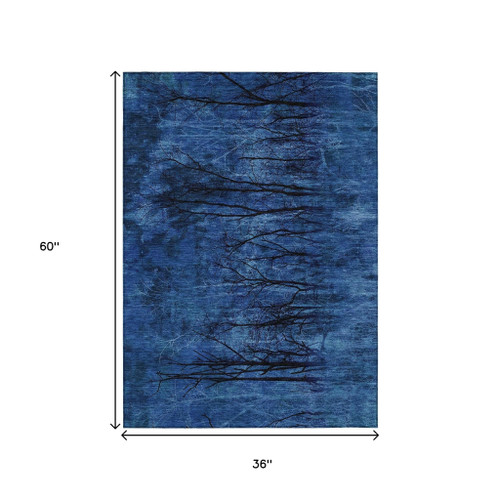 3' X 5' Blue And Charcoal Floral Washable Indoor Outdoor Area Rug