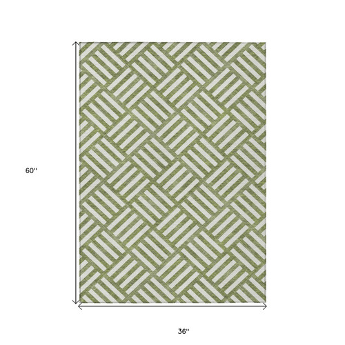 3' X 5' Olive Green And Ivory Geometric Washable Indoor Outdoor Area Rug