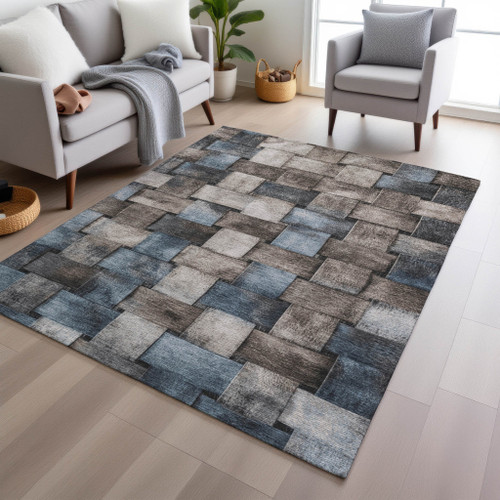 3' X 5' Taupe And Denim Blue Striped Washable Indoor Outdoor Area Rug