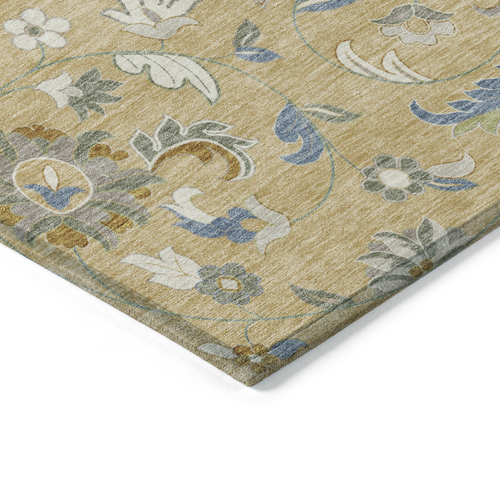 5' X 8' Wheat Blue And Ivory Floral Washable Indoor Outdoor Area Rug