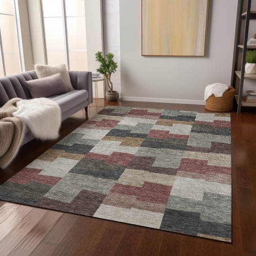 5' X 8' Orange Copper And Charcoal Geometric Washable Indoor Outdoor Area Rug