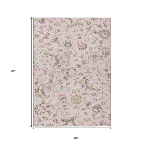 5' X 8' Pink Green And Gray Floral Washable Indoor Outdoor Area Rug