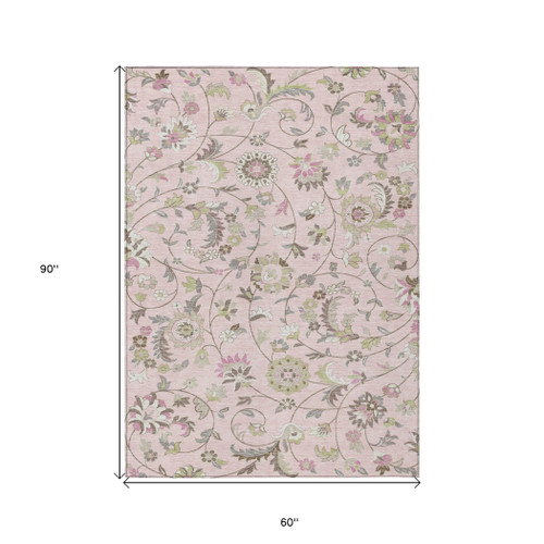 5' X 8' Pink Green And Gray Floral Washable Indoor Outdoor Area Rug