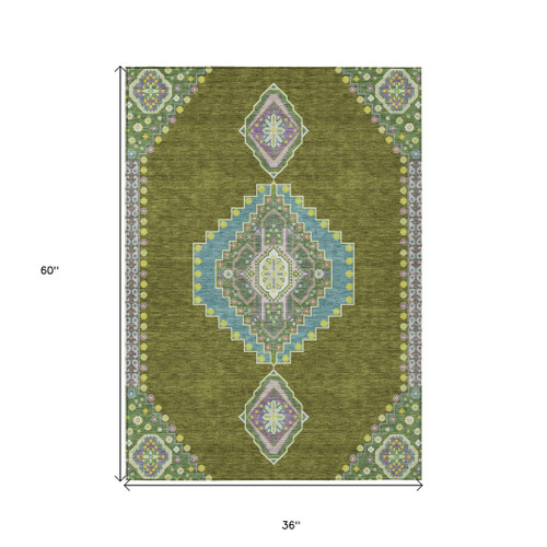 3' X 5' Olive Green Pink And Ivory Oriental Washable Indoor Outdoor Area Rug