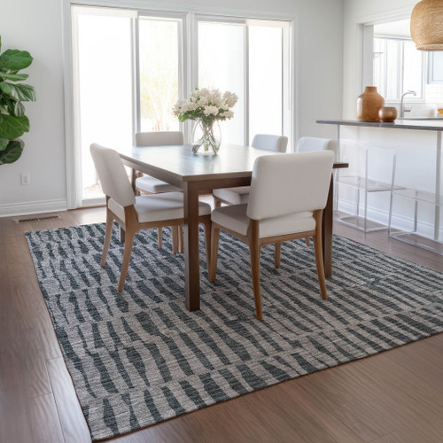 3' X 5' Charcoal And Gray Striped Washable Indoor Outdoor Area Rug